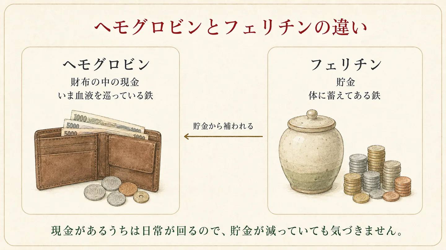 ヘモグロビンを財布の現金、フェリチンを貯金にたとえて鉄の蓄えの違いを示した図