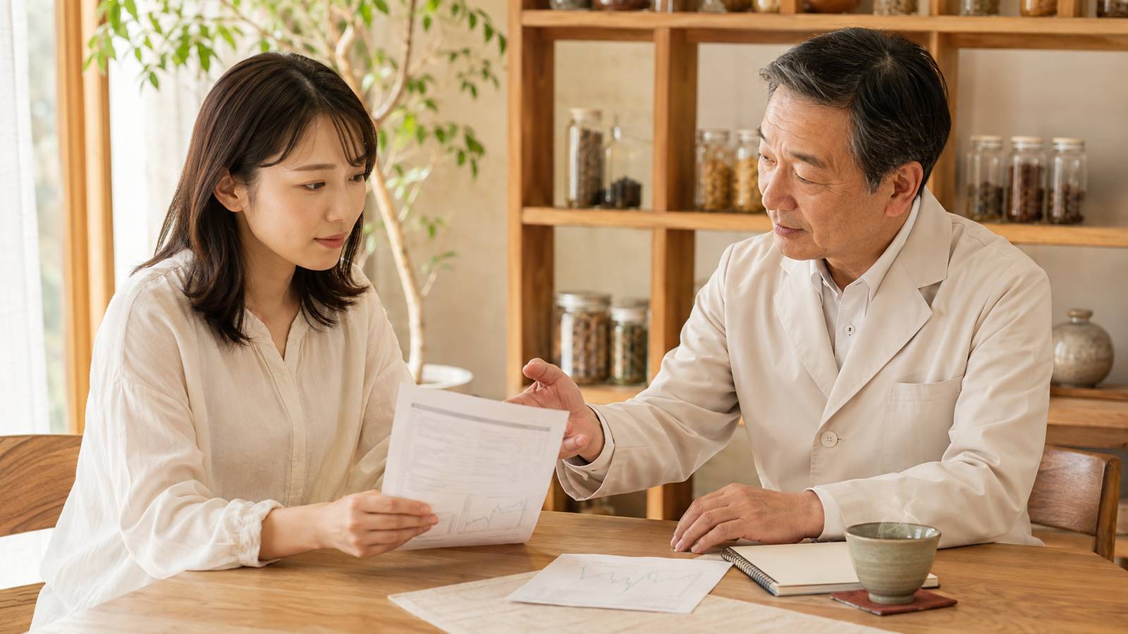 AMHが低いと言われた女性に漢方薬剤師が妊活相談を行う様子