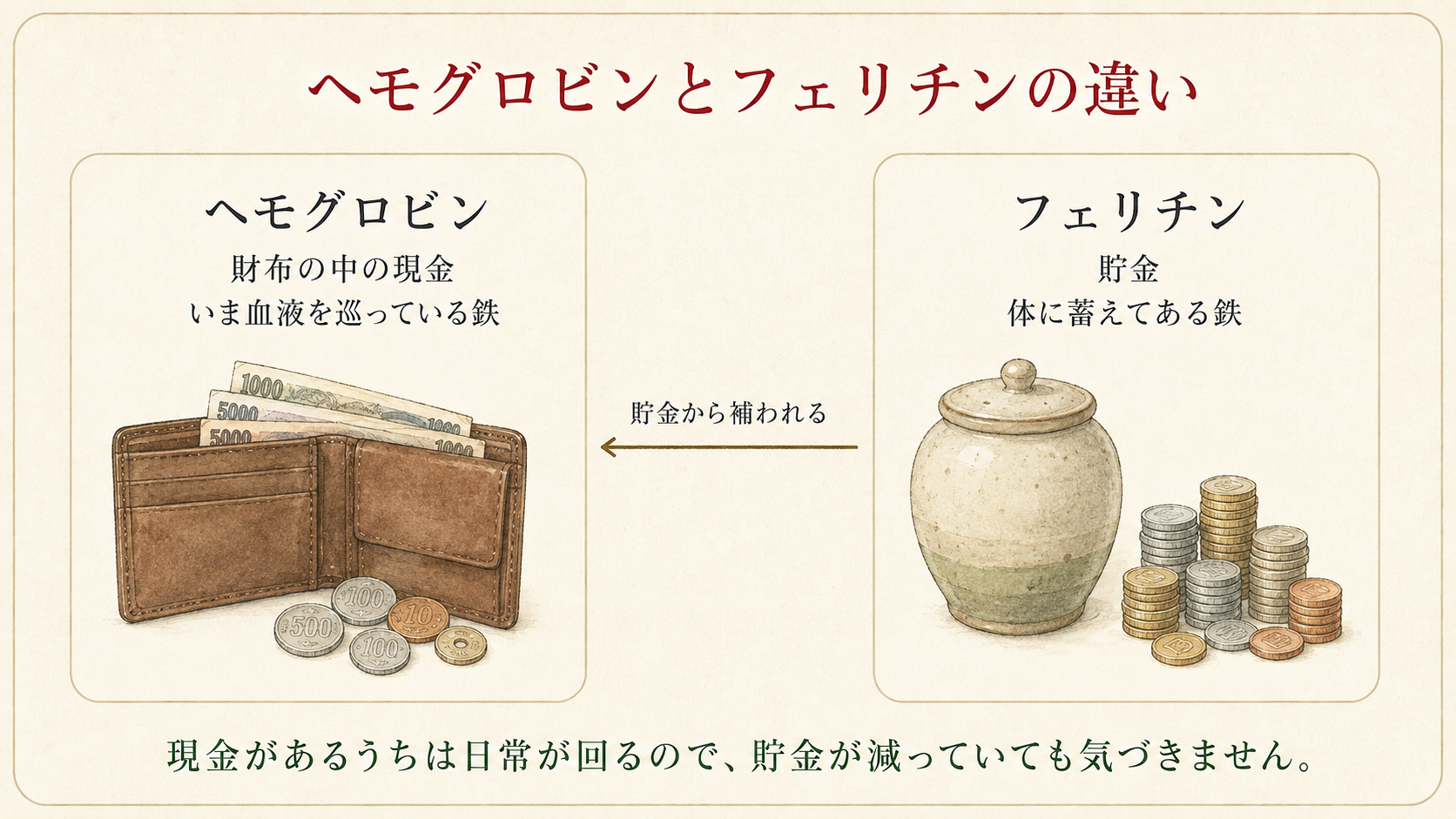 ヘモグロビンを財布の現金、フェリチンを貯金にたとえて鉄の蓄えの違いを示した図