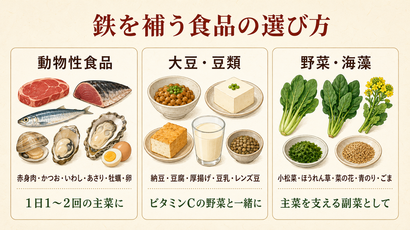 鉄を補う食品の選び方（動物性食品・大豆製品・野菜の3分類）